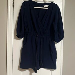 Anthropologie Celia Gauzy Romper Women's size XS navy blue faux wrap drawstring
